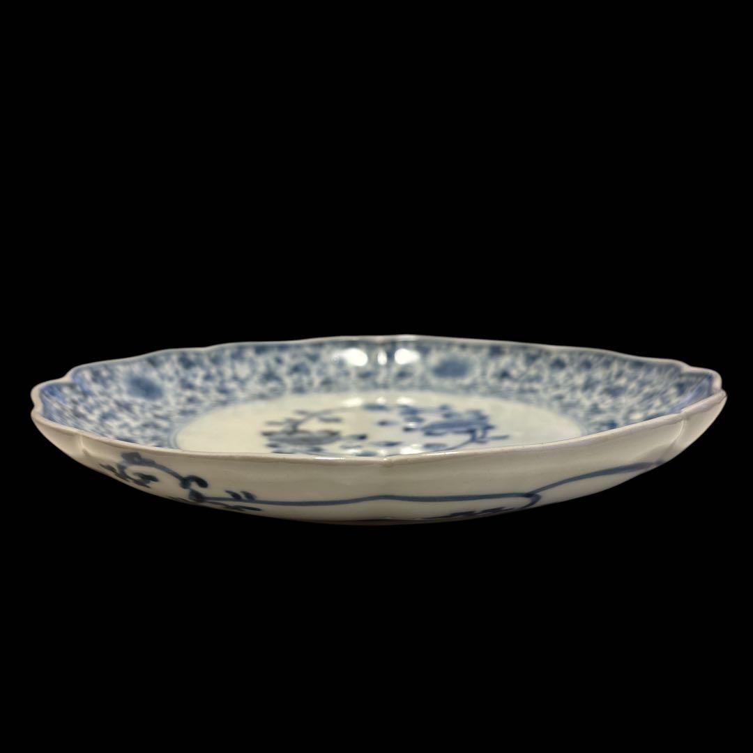 伊万里 有田 染付 印判手 輪花皿 花唐草 見返し唐草 見込梅花枝文 花丸文