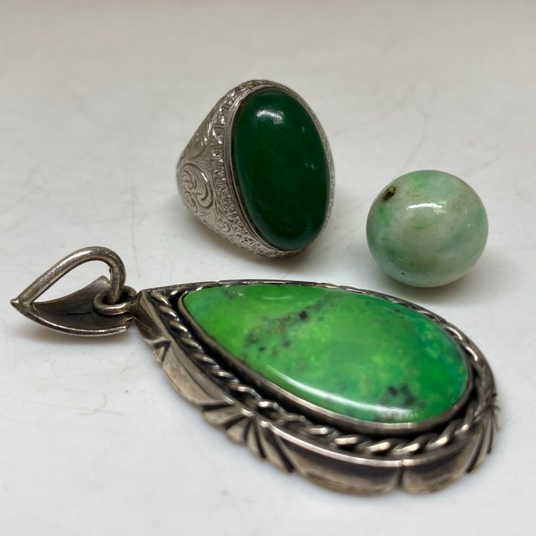 専用sterling 本翡翠 ネックレストップ 指輪玉銀細工かんざし37gタコサ