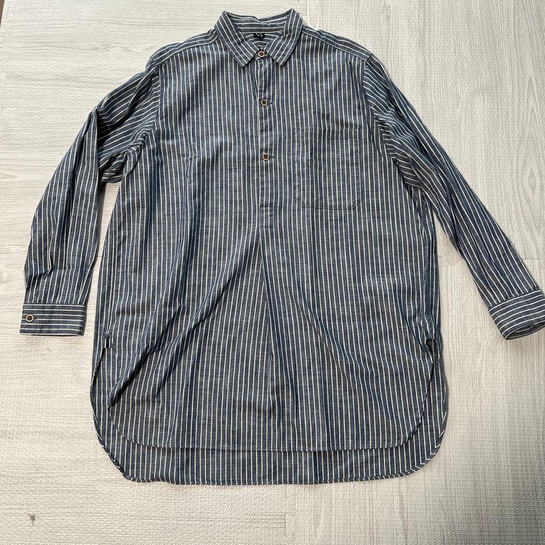 45rダンガリーストライプの908グランパプルシャツ　ユニセックス
