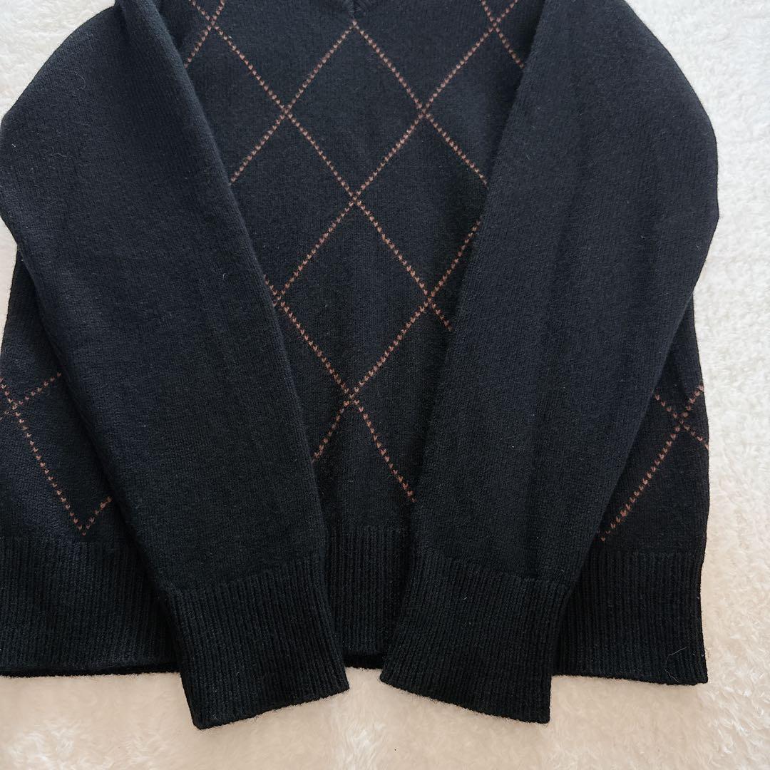 【マーガレットハウエル】アーガイル柄Vネックニット ウールカシミヤシルク 黒L