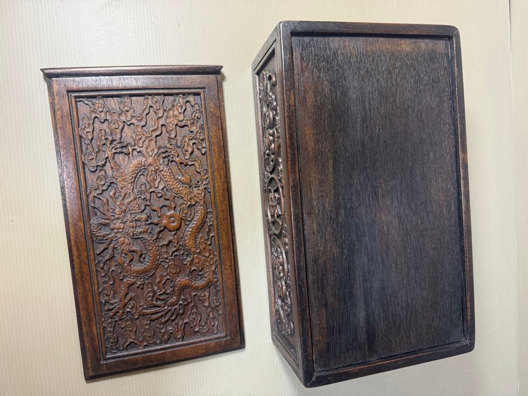 2373 古美術品　細密彫　龍文　木箱　首飾箱　時代物