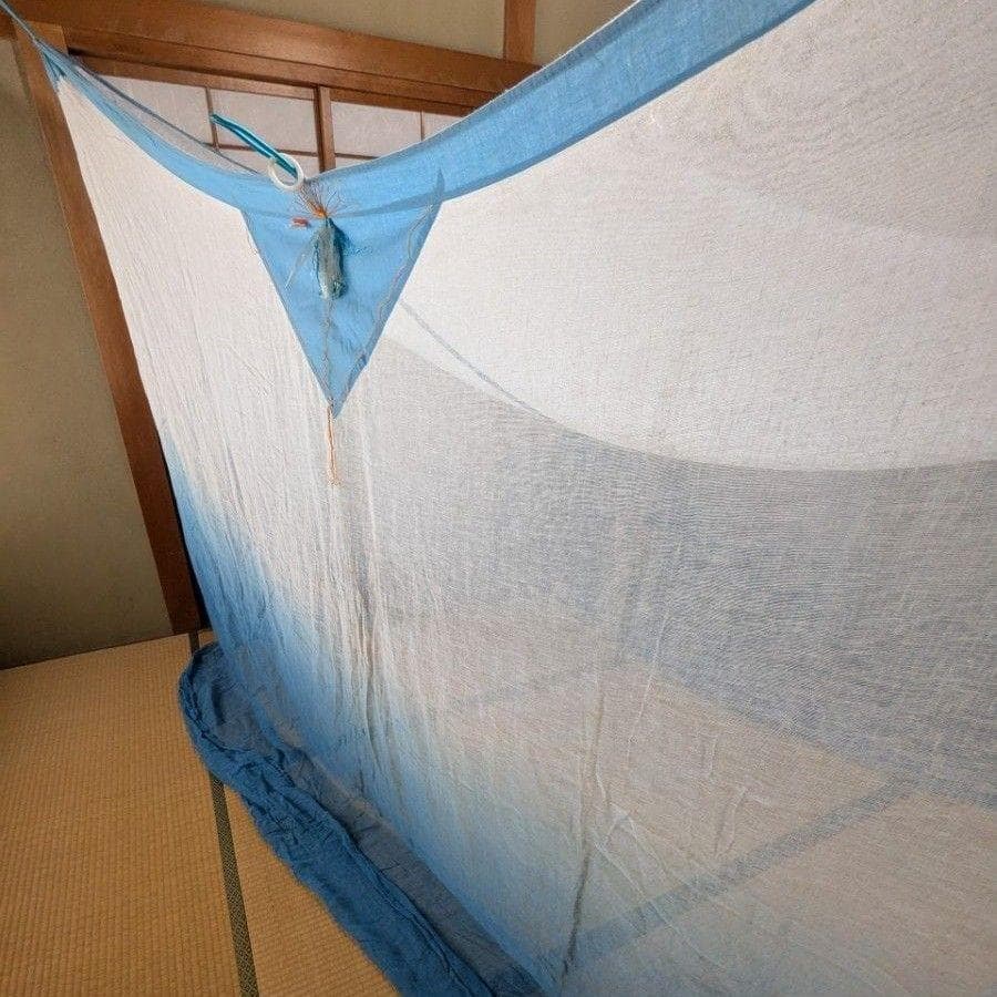 月印 本麻の蚊帳 4.5畳用 白×藍色グラデーション 未使用品 ヴィンテージ品