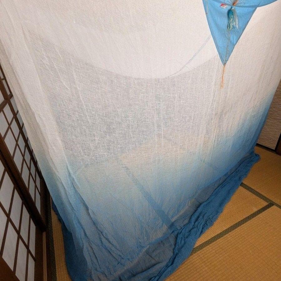 月印 本麻の蚊帳 4.5畳用 白×藍色グラデーション 未使用品 ヴィンテージ品