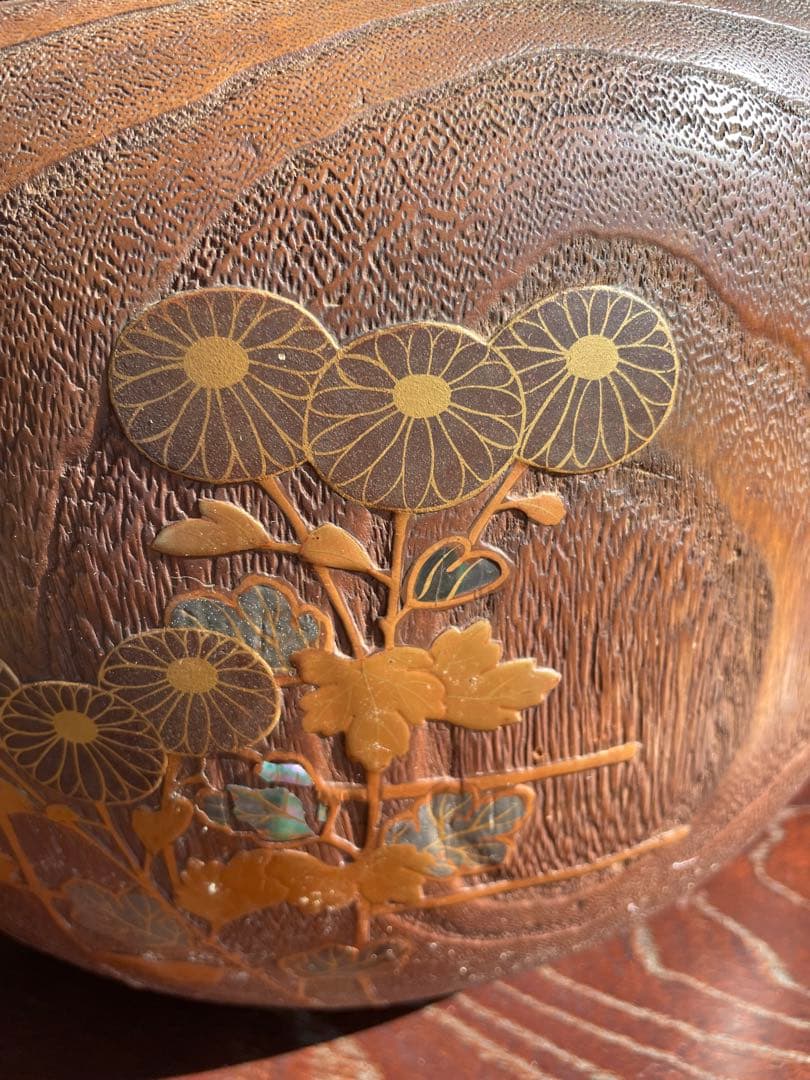 希少　木製火鉢 金箔装飾 花柄デザイン　１００年前　骨董品