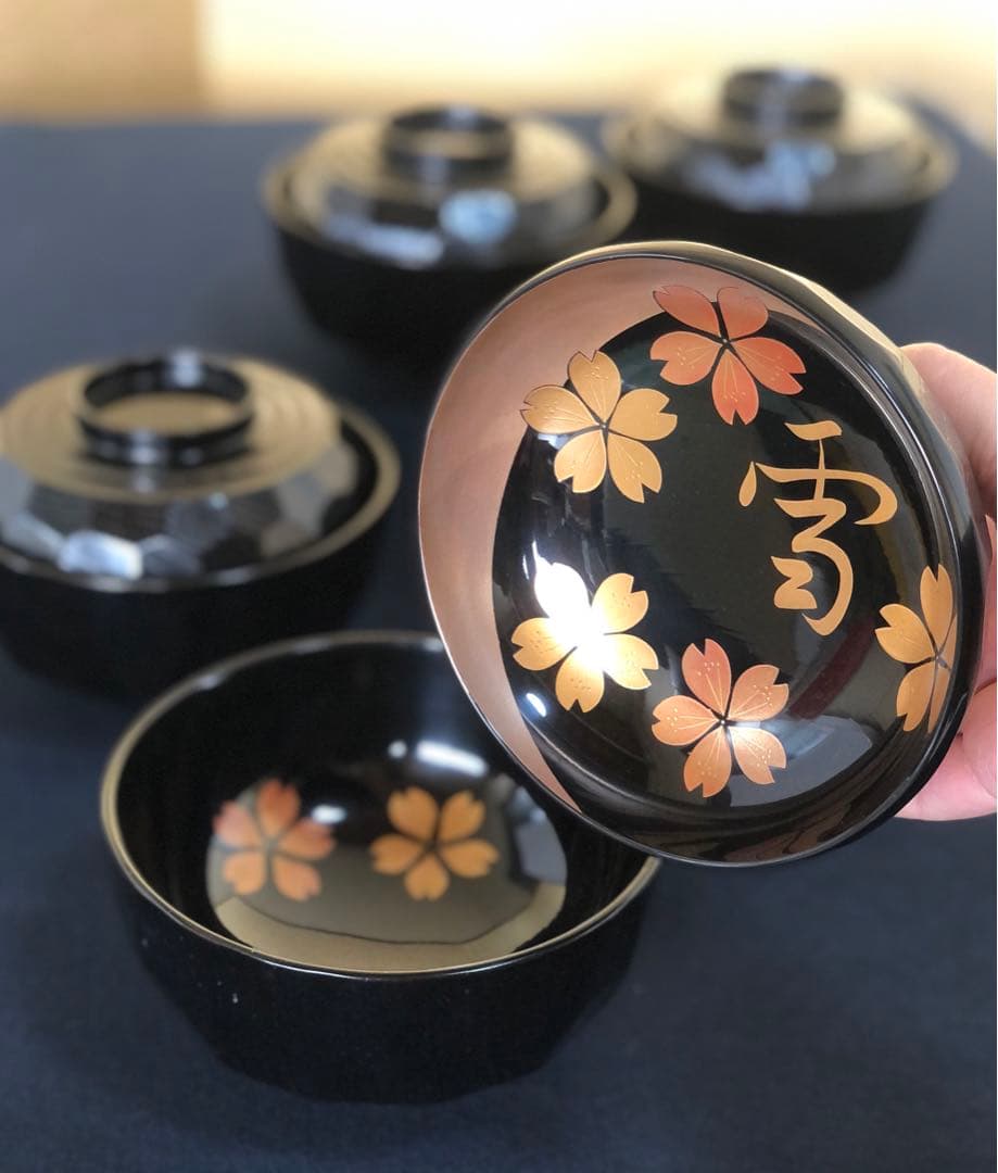 《R》輪島塗 雪月花 煮物椀5客 蒔絵師玉峯 塗師静峰 共箱 260128く2