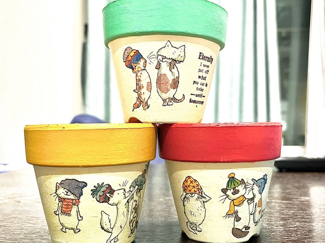 セット割有　植木鉢　リメイク鉢　3号　赤　アニタジェラーム　デコパージュ