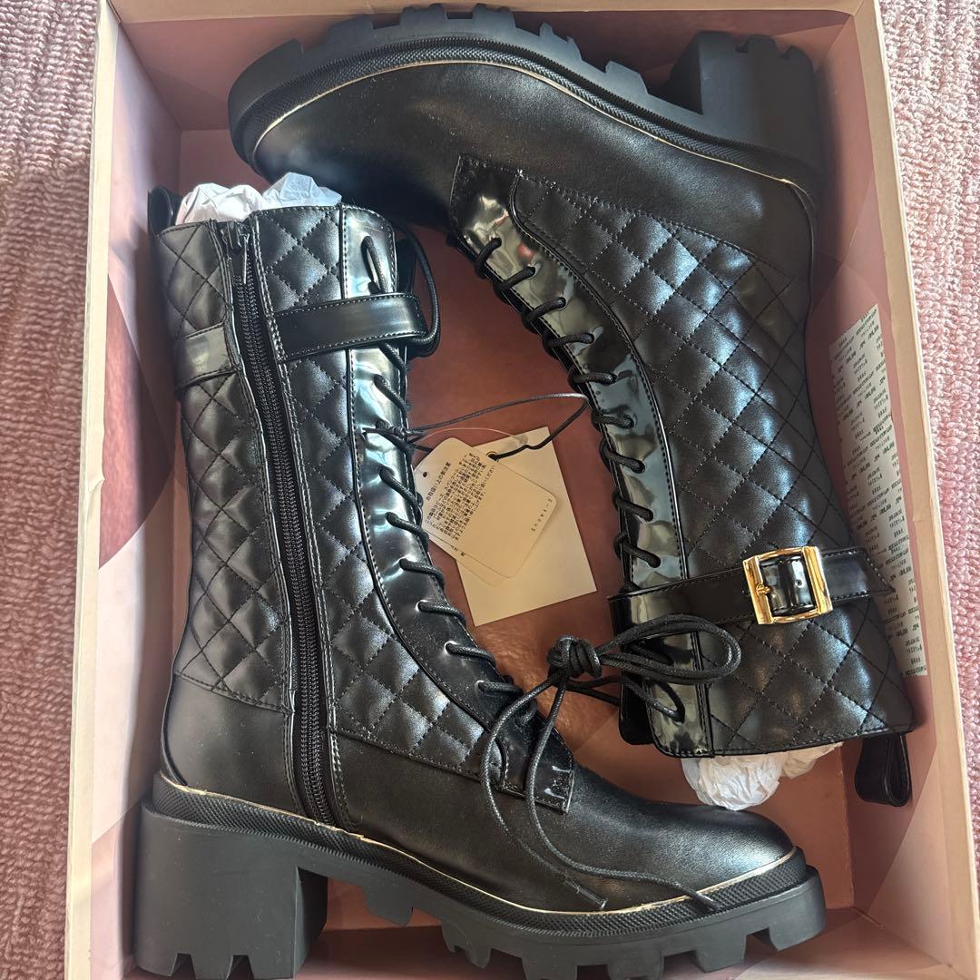 【Her lip to】Gold Buckle Lace-Up Boots