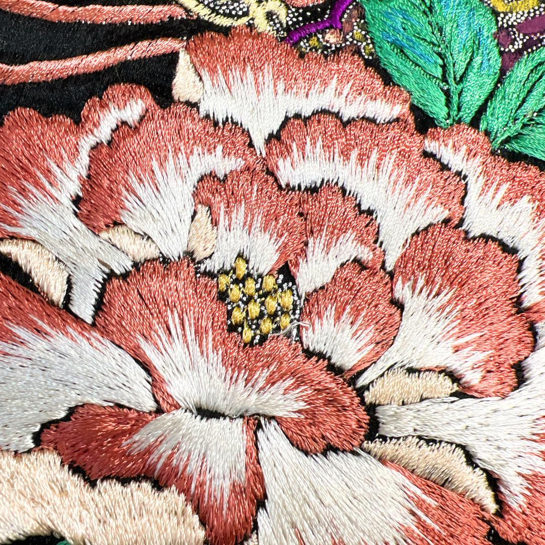 アンティーク　名古屋帯　銀彩　刺繍　鏡裏　牡丹　鳳凰　着物　123b d ms