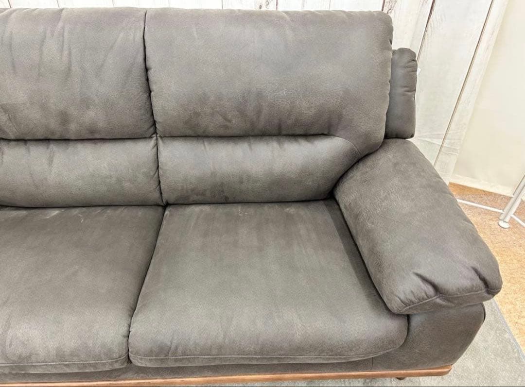 3人掛けソファー　ファブリックレザー調　ダークグレー
