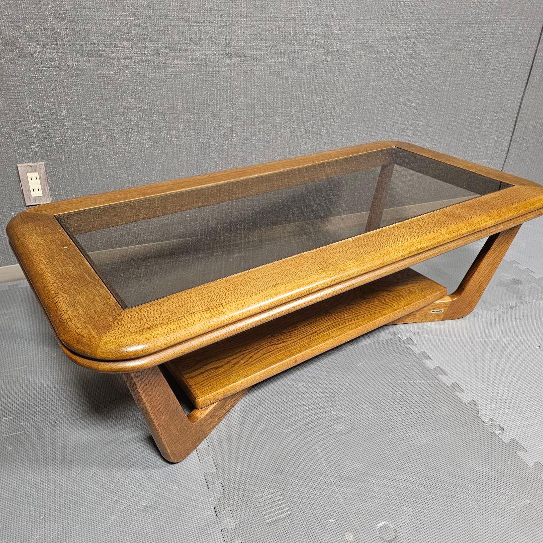 浜本工芸 アンティーク 天然木 ガラスセンターテーブル