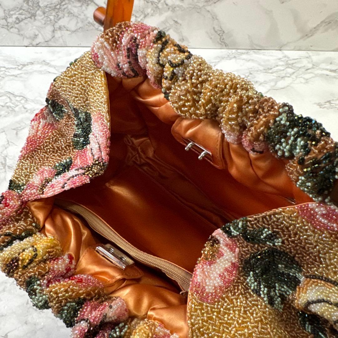 ノーブランド 花柄 ビーズ刺繍×鼈甲ハンドル アンティーク 和装ハンドバッグ