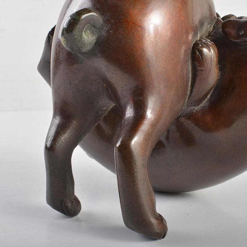 明治金工　古銅　子犬　双犬　置物　G　R6994