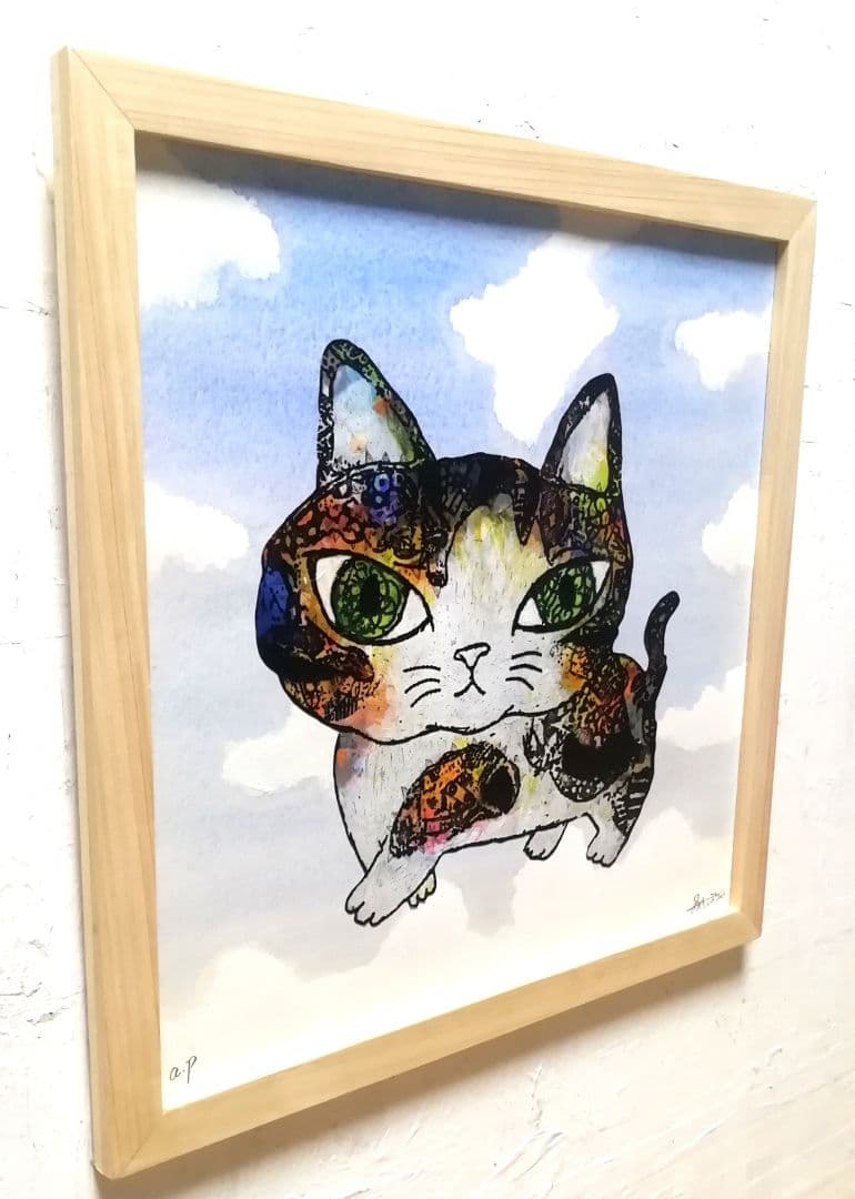 額付き銅版画応用絵画　title「お通り猫　in sky」