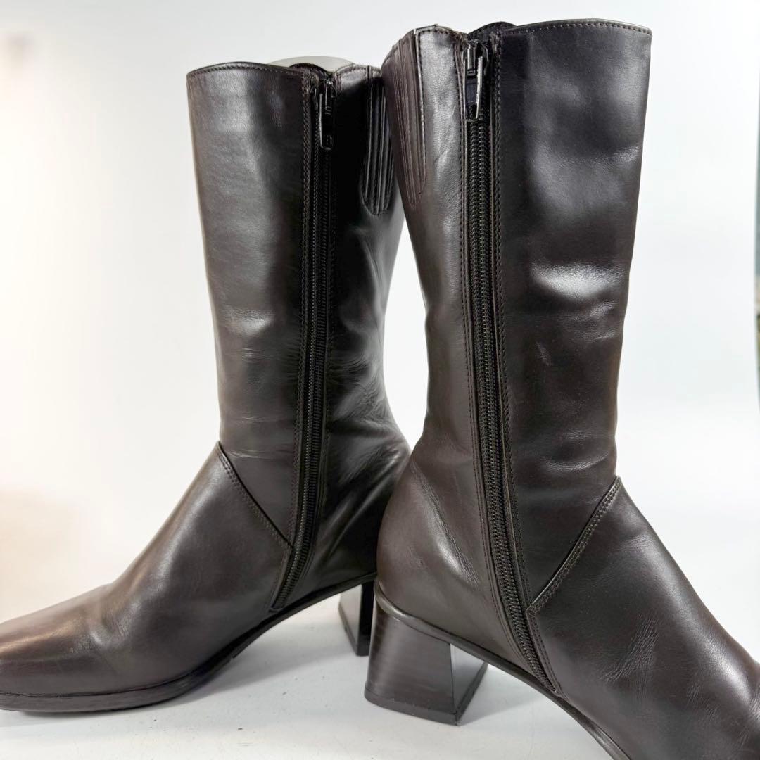 【美品】Gabor　ガボール　ロングブーツ 本革サイドジップ　スクエアトゥ　茶