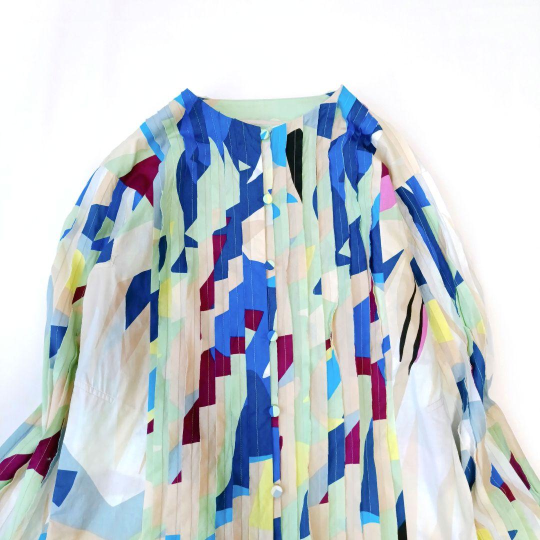 【HaaT ISSEY MIYAKE】長袖ブラウス　プリーツ　総柄　コットン　M