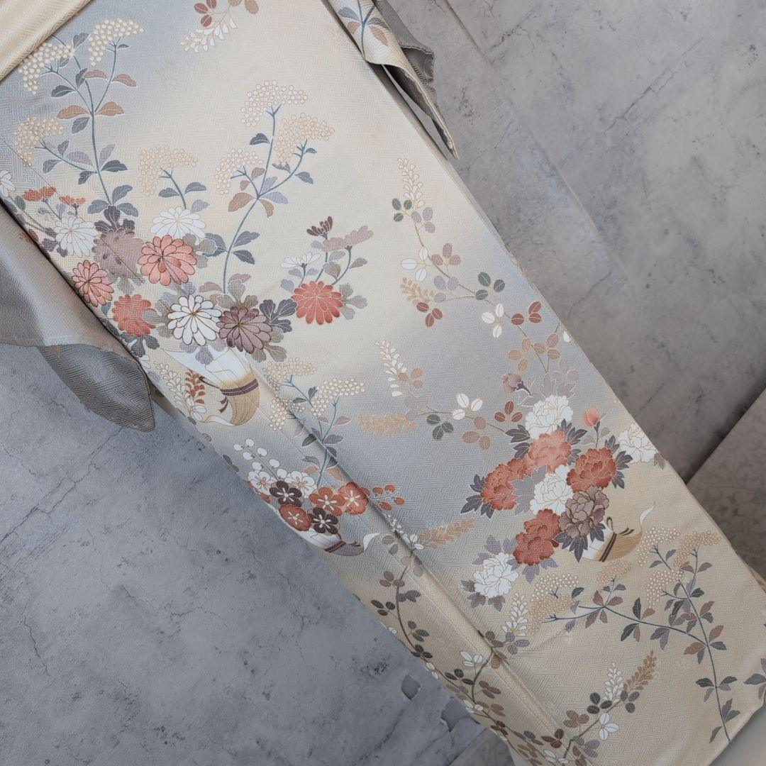 訪問着　フルセット　着物　正絹　淡い黄色　トールサイズ　比翼仕立　花金駒刺繍E2