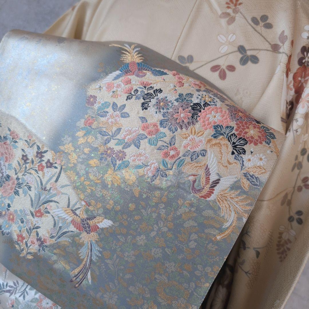 訪問着　フルセット　着物　正絹　淡い黄色　トールサイズ　比翼仕立　花金駒刺繍E2