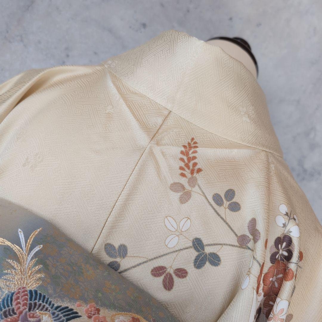 訪問着　フルセット　着物　正絹　淡い黄色　トールサイズ　比翼仕立　花金駒刺繍E2