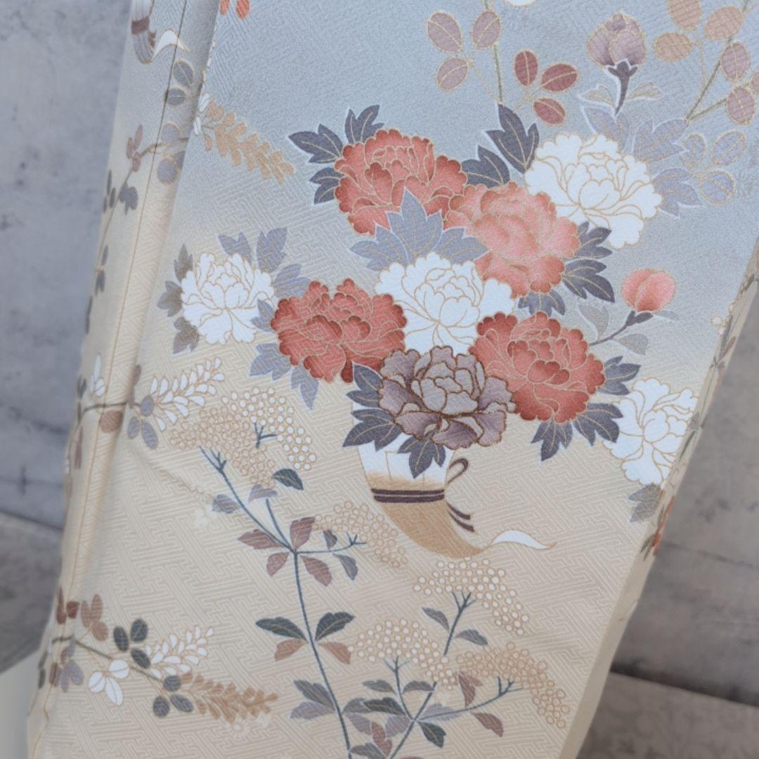 訪問着　フルセット　着物　正絹　淡い黄色　トールサイズ　比翼仕立　花金駒刺繍E2