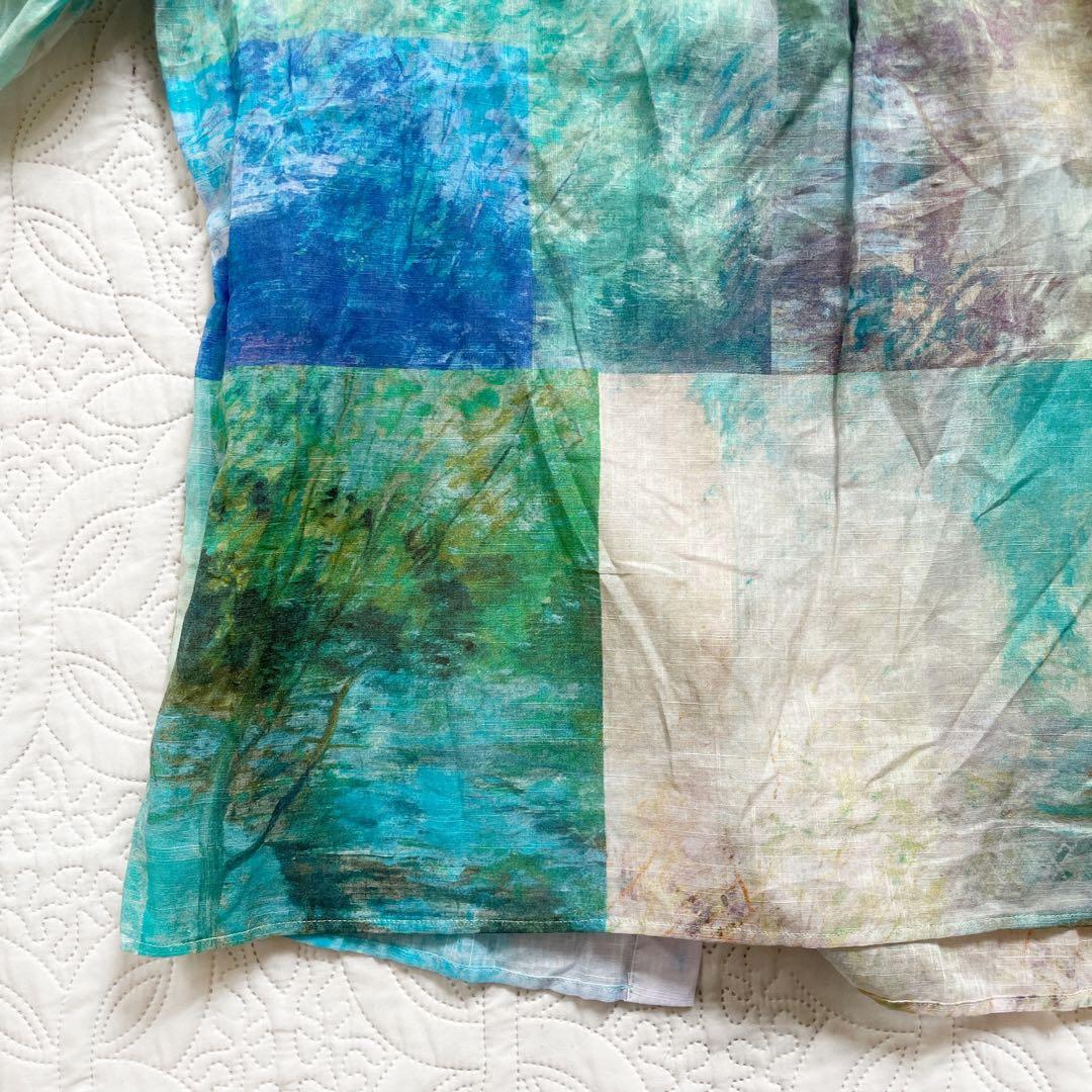 現行　レリアン　ブラウス　11号　シアー素材　バンドカラー　パッチワーク風　綿麻