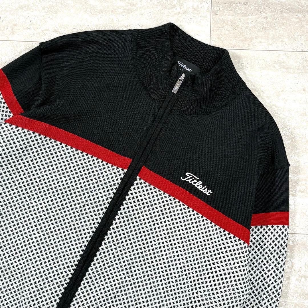 【タイトリスト】ニットブルゾン　セーター　黒x白x赤　裏地蓄熱　ダブルジップ