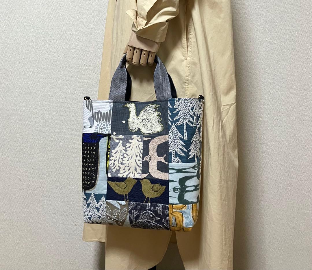 ミナペルホネン ハンドメイド　鳥の集う森パッチワーク×metsä トートバッグ