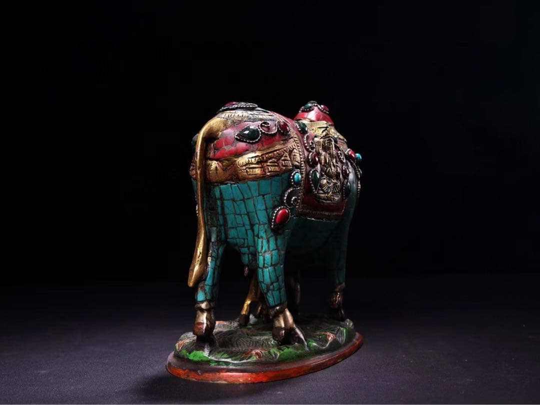 貴重品、旧蔵希少、精銅、象眼宝石、彩色蒔絵母子牛
