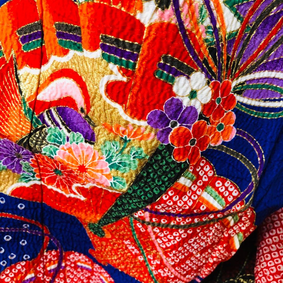 七五三7歳❣️人気Blue暈し絞り柄❣️扇鴛鴦花々金彩煌びやか際立つ完全フルセット❣️