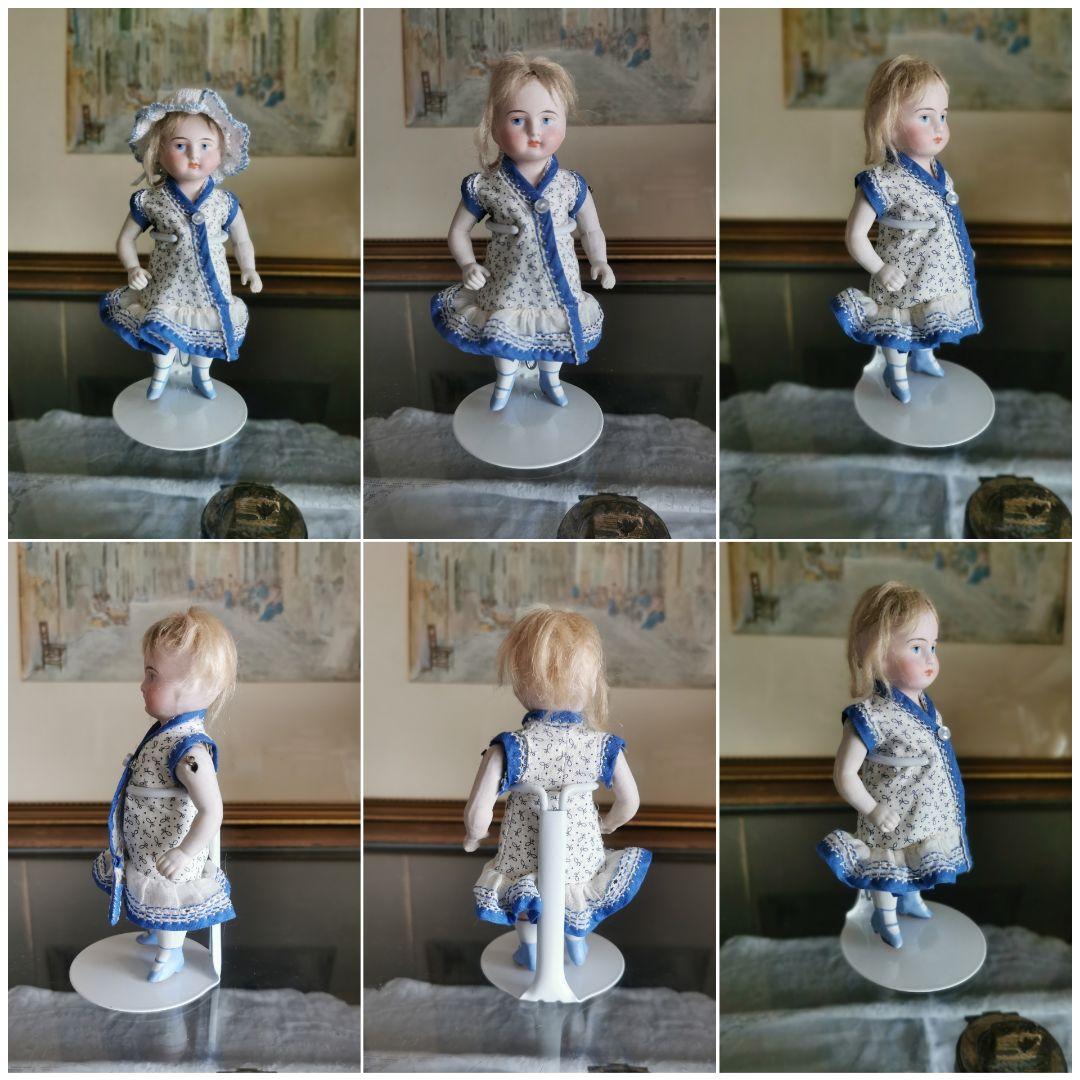 アンティーク ミニョネット オールビスクドール 可愛いインディゴ花柄ワンピース