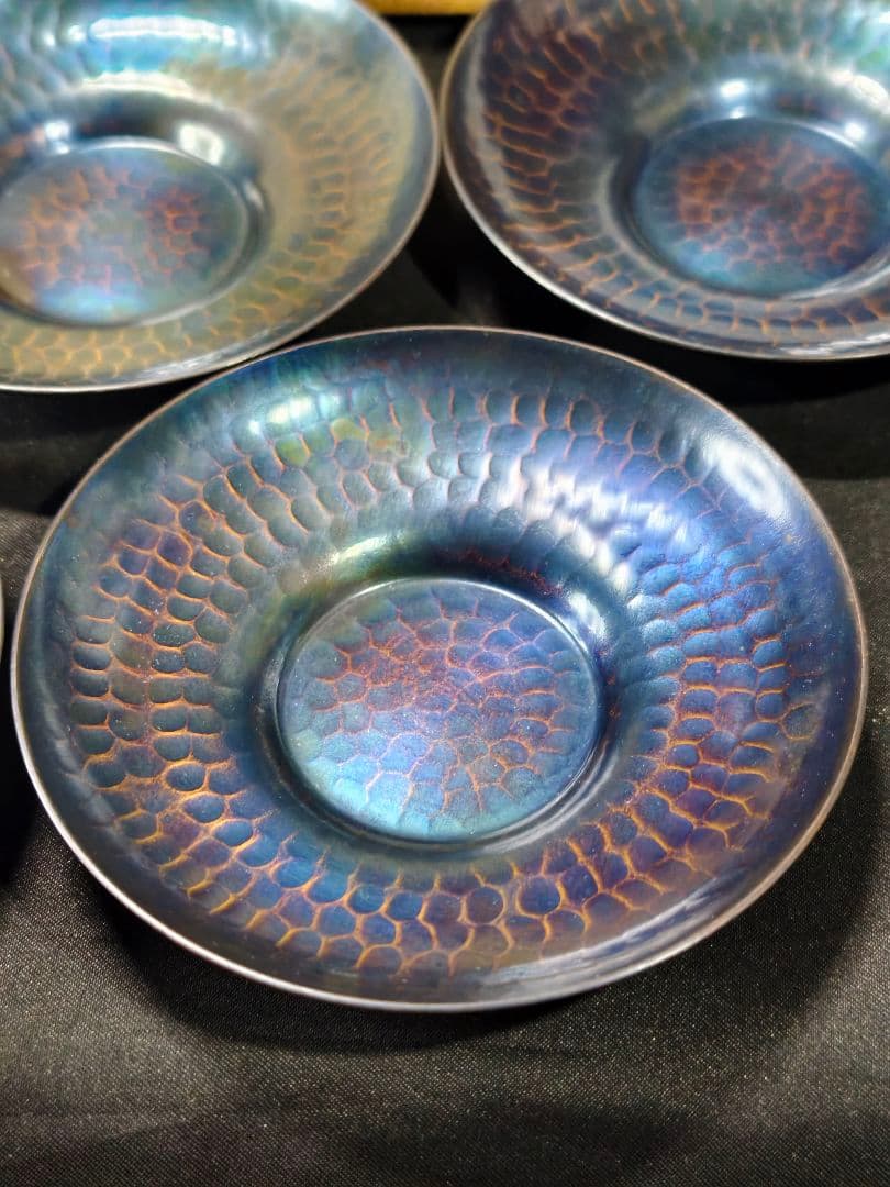 茶道具 玉川堂 銅製紫金色鎚肌茶托 共箱 直径11cm 時代物未使用美品 燕三条