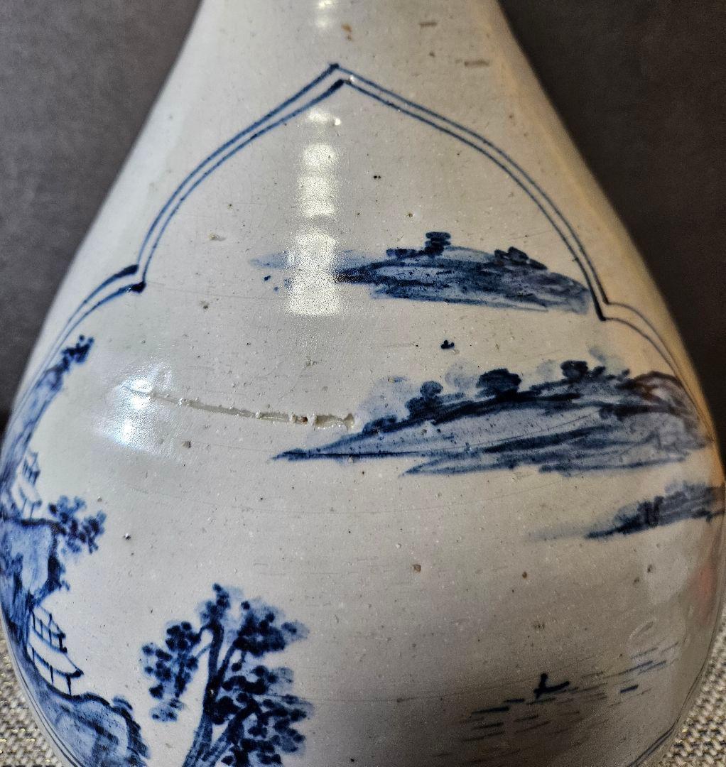 李朝　青華　染付　楼閣山水人物図　大瓶 大壺　高 約37.2cm　韓国古美術