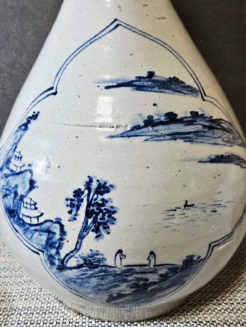 李朝　青華　染付　楼閣山水人物図　大瓶 大壺　高 約37.2cm　韓国古美術