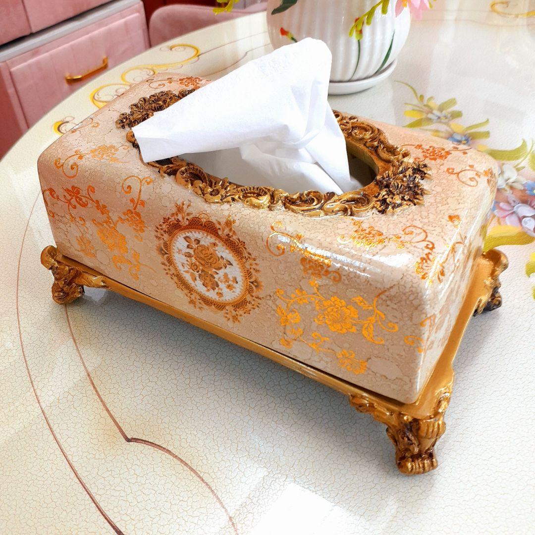 輸入雑貨　シノワズリ　『薔薇のティッシュBOX』　ゴールド　薔薇柄　リビング