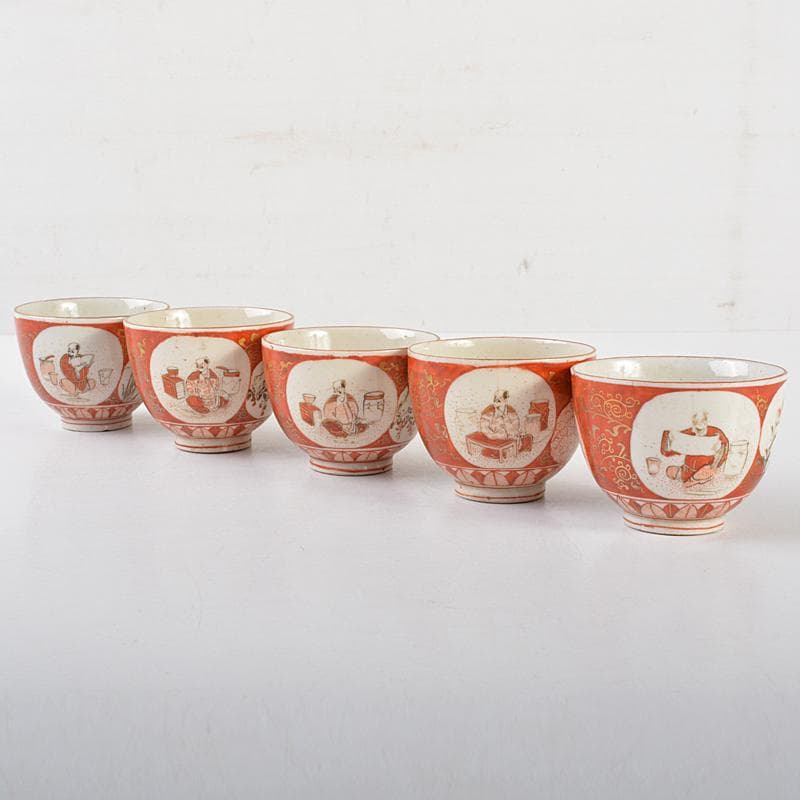 煎茶道具　九谷焼　赤絵金彩　人物花文　煎茶碗　五客　碗筒付　M　R7118