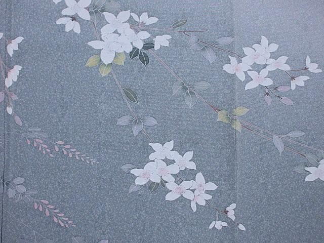 訪問着：美品：白い花と萩の花：淡いブルーグレー：袷正絹：P32