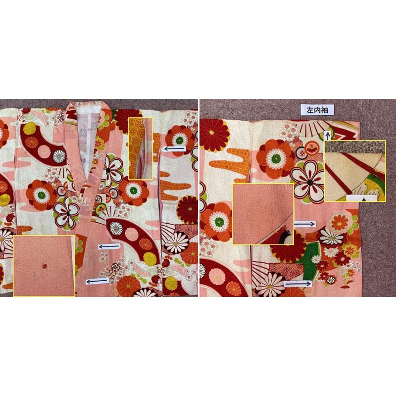 504ag45◎七五三 七歳 女児 アンティーク 総柄 扇梅菊 着物&丸帯◎