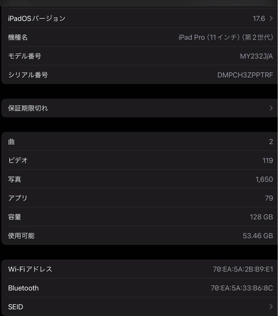 Apple iPad Pro 第二世代11インチ スペースグレー 本体