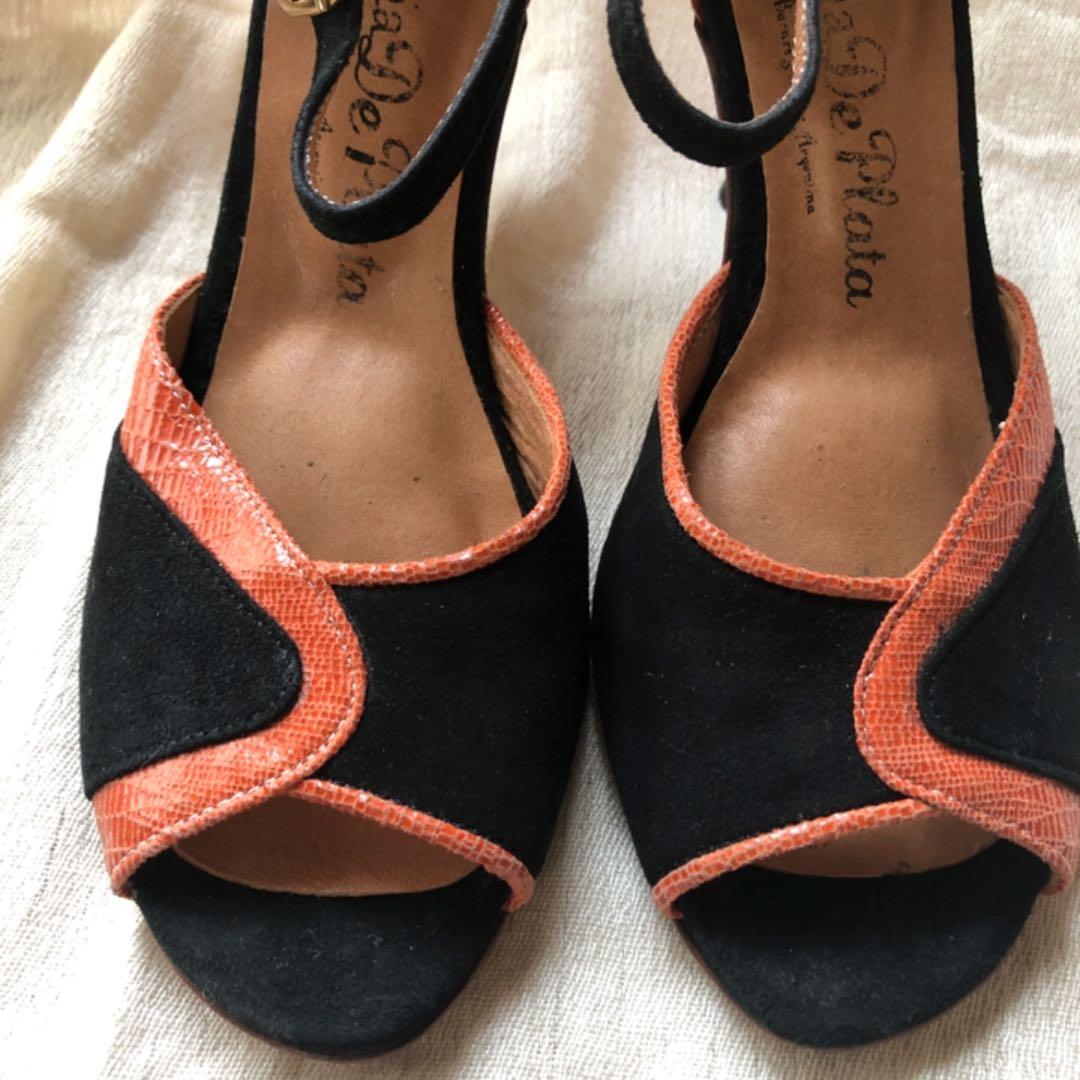 タンゴシューズ　サンダル　黒スウェード　オレンジ　オレンジヒール