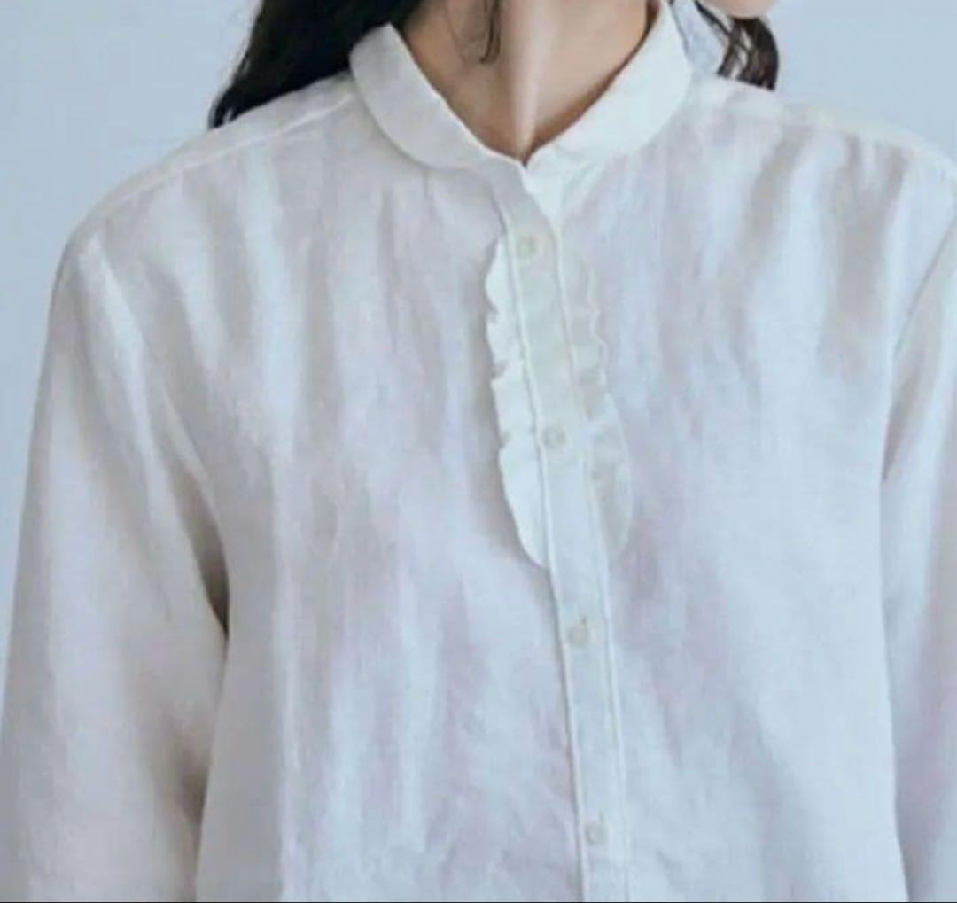 中川政七商店 手織り麻を使ったフリルシャツ ホワイト 丸襟 リネン 麻