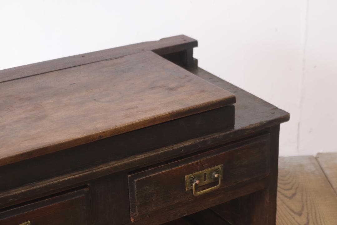 レトロ 文机 ローテーブル 座卓 帳場机 跳ね上げ天板 無垢材 引き出し 2杯