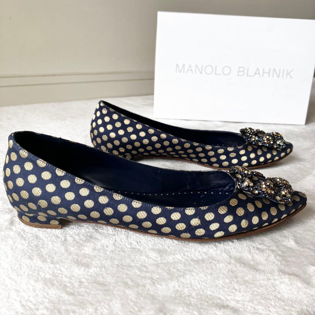 ★美品★マノロブラニク　パンプス　バレエフラット　ハンギシ　ドット　サテン　37