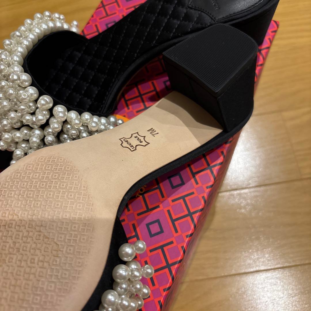 TORY BURCH パール装飾 ブラックミュール ヒール5cm ストラップなし
