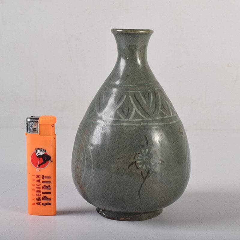 李朝　高麗青磁　象嵌花文　徳利　V　R7994