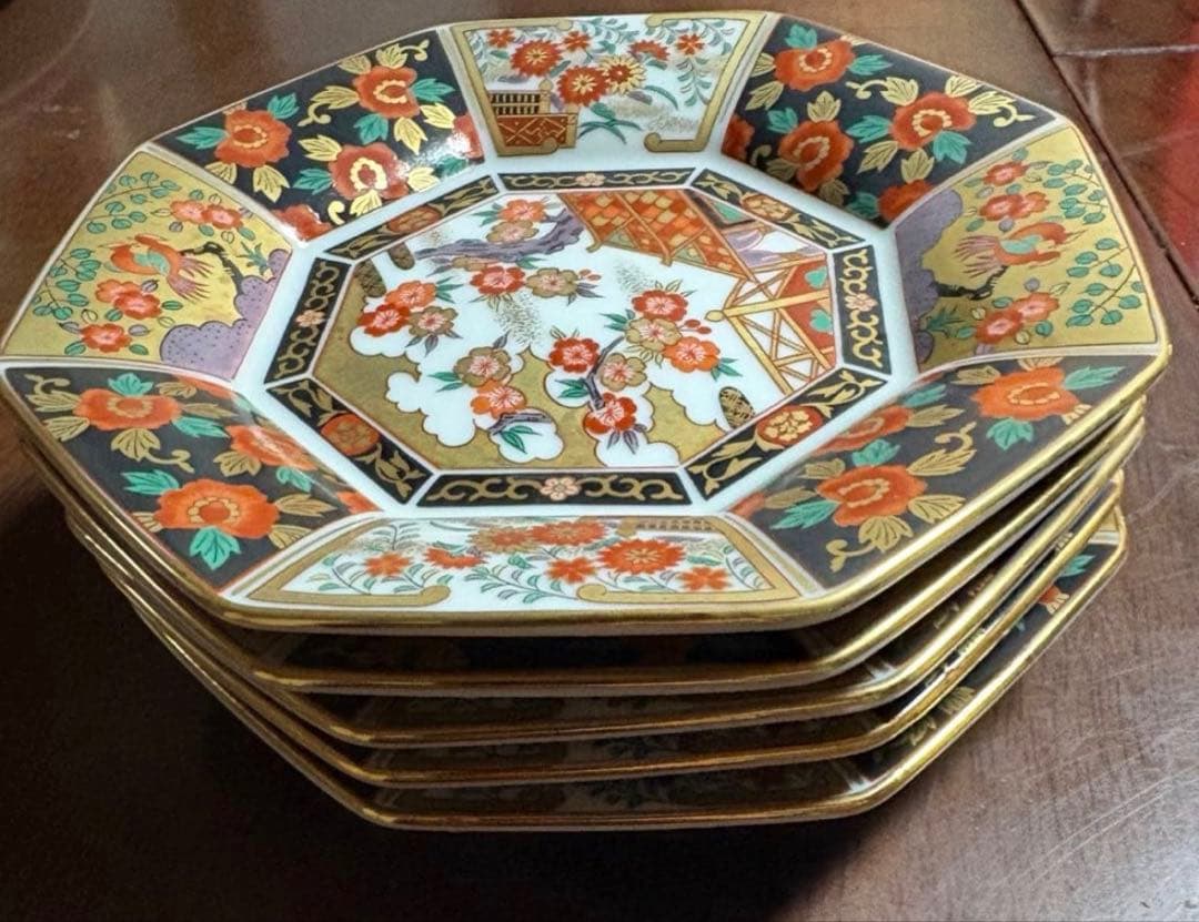 有田焼　　青藍窯　古伊万里金蘭手　八角皿　5枚セット