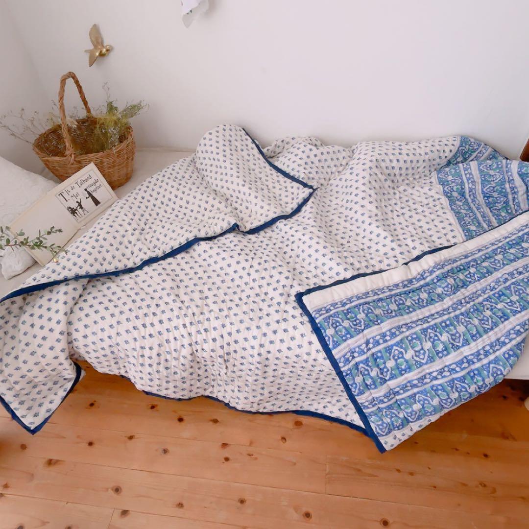 キルト　ブロックプリントキルト　インドの布団　ソファーカバー　ベッドカバー