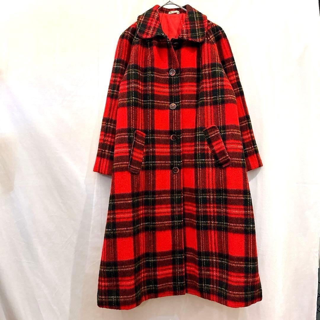 かっちょヴィンテージ70sウール タータンチェック コートクラシック赤 紺