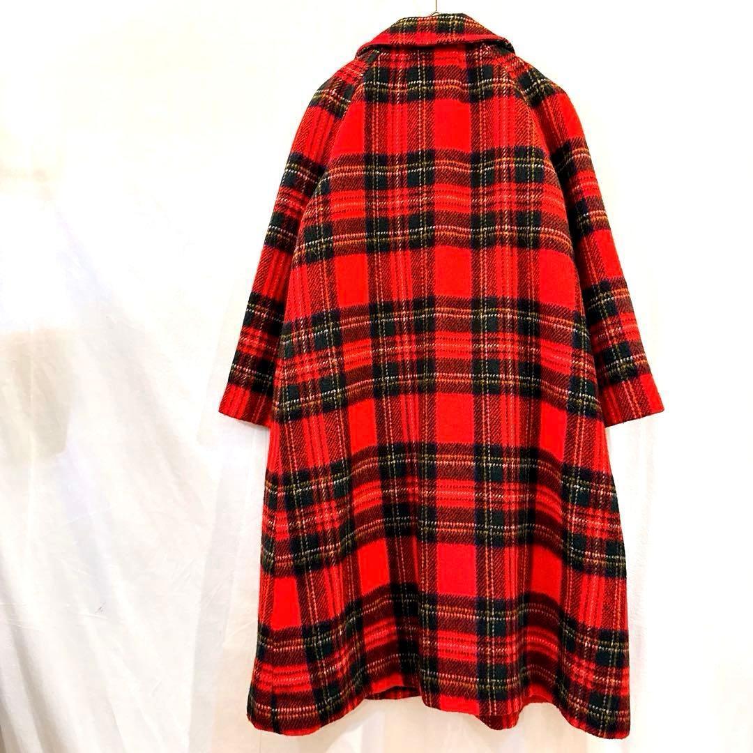 かっちょヴィンテージ70sウール タータンチェック コートクラシック赤 紺