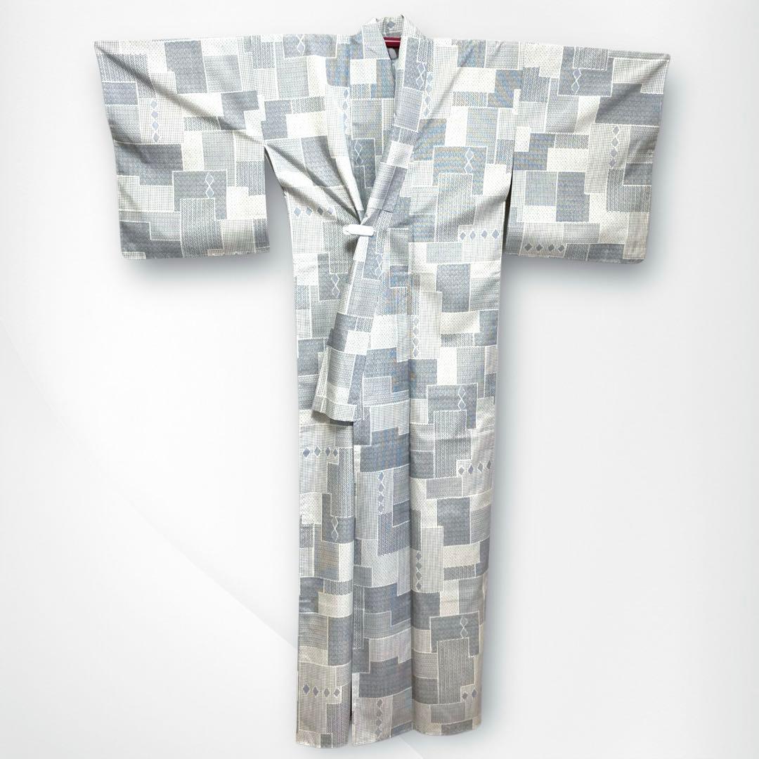 【未使用美品✨】東レシルック　さんび　洗える着物　小紋　胡粉色　白系　紬調　E6