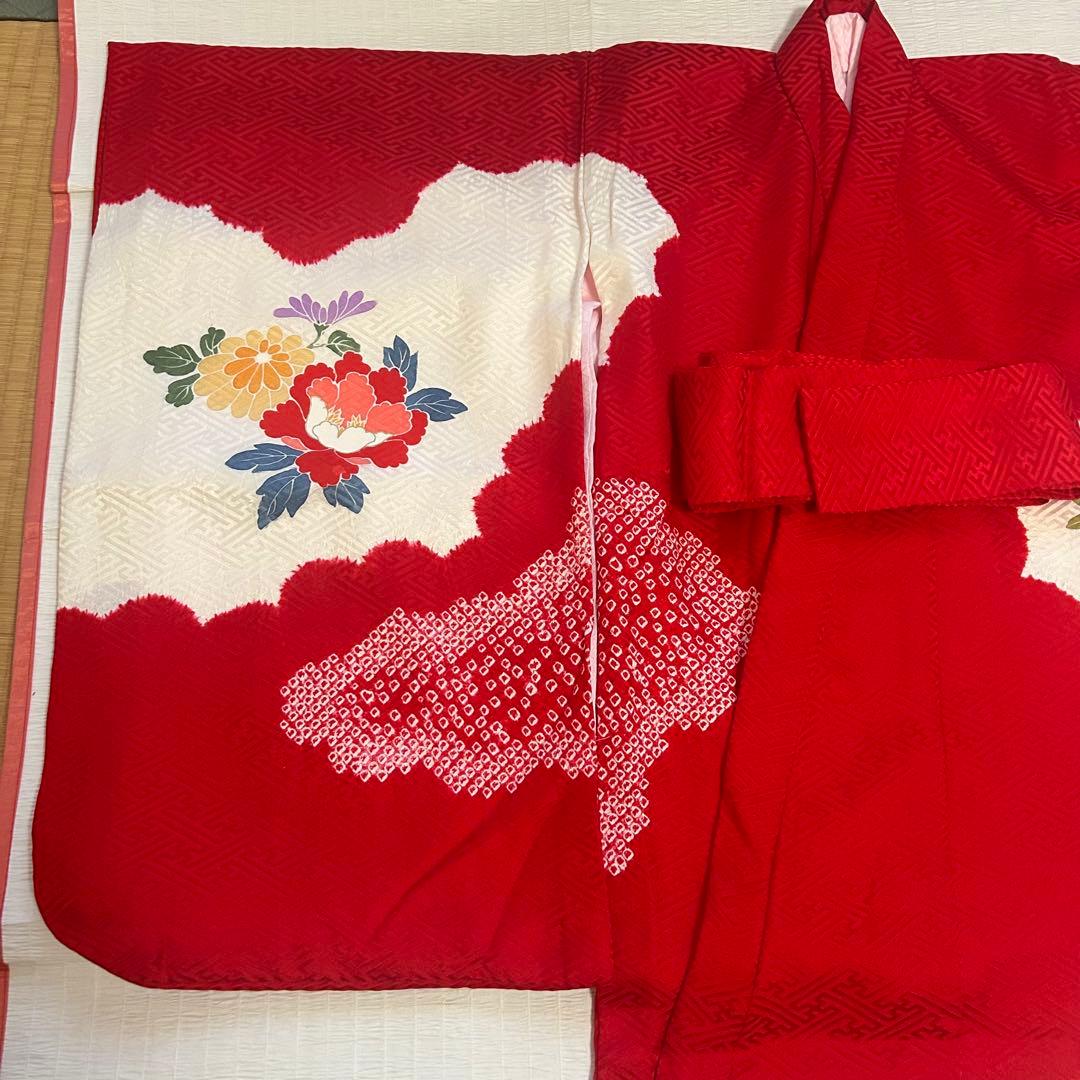 七五三 3歳 フルセット 総絞り 被布 着物 正絹 三歳 草履 巾着 753