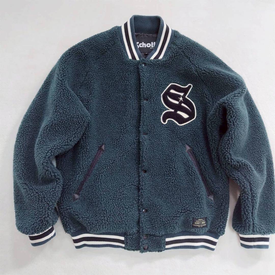 美品 schott ショット スタジャン ジャケット ボア グリーン系カラー